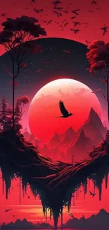 Red fantasy landscape with floating island and glowing moon.