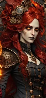 Steampunk character with fiery hair and gears in a fantasy art style.