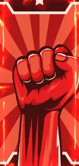 Red fist raised in power with a striking background design.