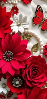 Red flowers and butterfly artwork on wallpaper, elegant and vibrant design.