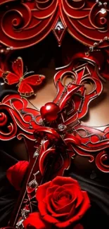 Elegantly designed red and black floral wallpaper with intricate patterns.