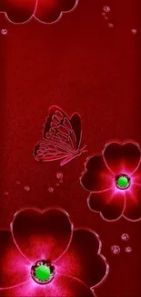 Red wallpaper with floral and butterfly design.