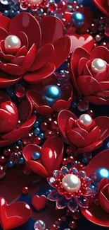 Luxurious red flowers with pearls and jewels for mobile wallpaper.