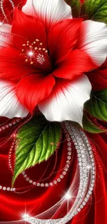 Red and white flower with green leaves on a red background.