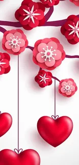 Red floral and heart design wallpaper with decorative flowers.