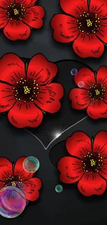 Red flowers on dark background with bubbles for phone wallpaper.