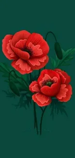 Red flowers on a dark green background wallpaper.