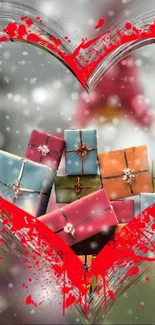 Heart-shaped frame with colorful gift boxes and a snowy backdrop.