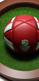 Red football on green grass with wooden frame.