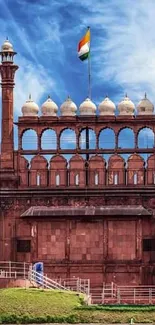 Red Fort in Delhi under a vibrant blue sky.