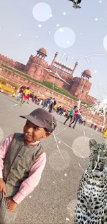 Child at Red Fort with leopard and snowflakes in vibrant setting.