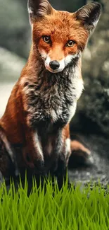 Beautiful fox sitting in lush green grass in a forest background.