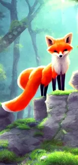 Vibrant red fox standing in a lush, green forest setting.