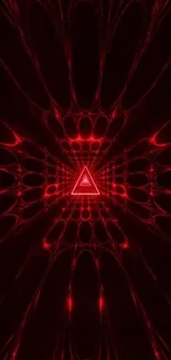 Red fractal design with central glowing triangle on a dark background.