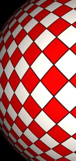 Geometric sphere with red and white diamond pattern against a black background.