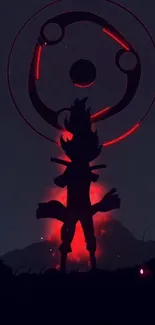 Anime silhouette with red glowing symbol background.