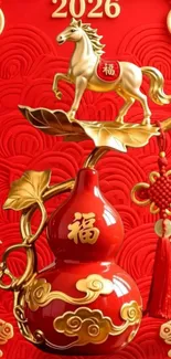 Red and gold horse statue on decorative vase.