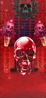 Red gothic skull wallpaper with intricate design and bold color.