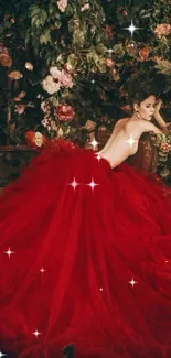 A red ball gown amidst a vibrant floral background, exuding elegance and style.