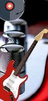 Striking red guitar with vinyl and metallic elements on a wallpaper.