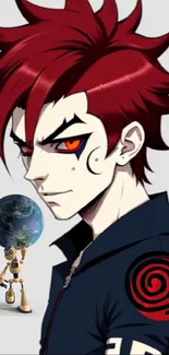 Dynamic anime character with red hair and a small robot next to Earth.