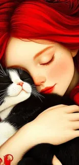 Red-haired girl cuddling with a black and white cat.