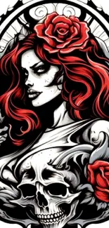 Gothic art with red-haired woman, roses, and skull design.