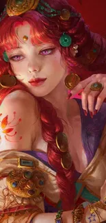 Red-haired fantasy woman with jewelry art.