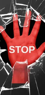 Red hand with 'STOP' text on shattered glass background.