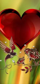 Red heart and hummingbird with roses on a vibrant gradient wallpaper.