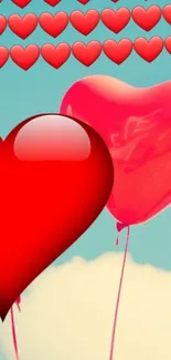 Vibrant red heart balloon wallpaper with a blue sky background.