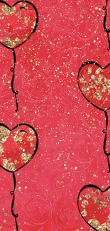 Red heart balloon wallpaper with gold sparkles.