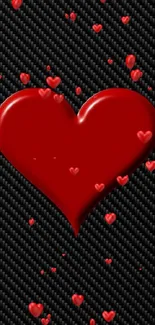 Red 3D heart on carbon fiber texture background.