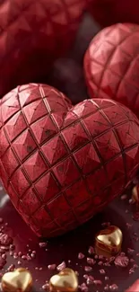 Red heart-shaped chocolates with gold accents on display.