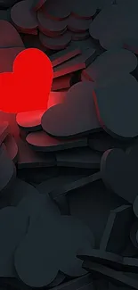 Red heart glowing on dark hearts background.