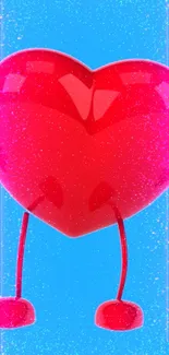 Red heart character on a bright blue background with sparkles.