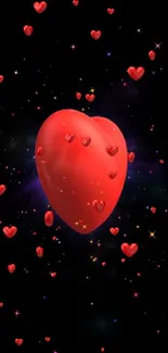 Mobile wallpaper featuring a large red heart floating on a black background with smaller hearts.