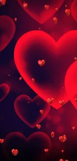 Vibrant red glowing hearts mobile wallpaper.