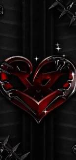 Gothic red heart with metal accents on black background.