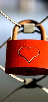 Red padlock with heart on mesh fence.