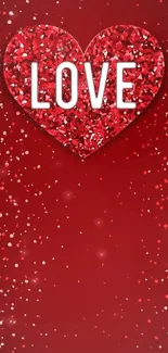 Red heart-shaped love wallpaper with glitter on a vibrant red background.