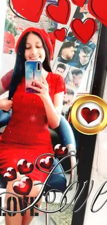 Mirror selfie with red dress and heart decorations.