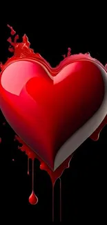 Glossy red heart on black background, dripping effect.