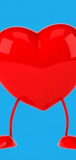 Illustration of a red heart with arms and legs on a bright blue background.