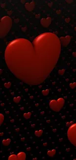 Vibrant 3D red hearts on a dark background.