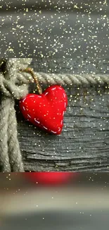 Red heart with rustic wood and golden sparkles.