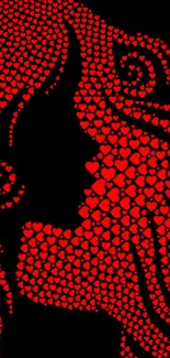 Heart silhouette with red hearts on black background.