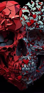 Red abstract skull wallpaper with heart accents on a dark background.