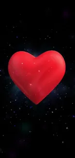 Red heart floats in cosmic starry black background as mobile wallpaper.