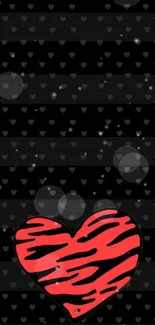 Red striped heart on dark wallpaper background design.